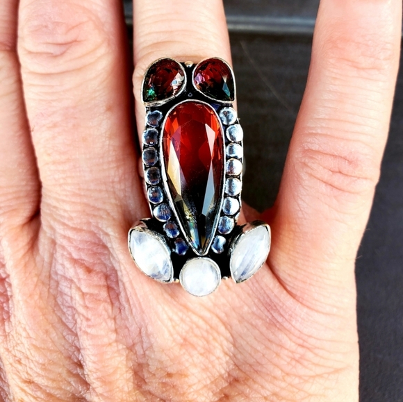 New Bi-Color Tourmaline and Rainbow Moonstone 925 Silver Ring. - Picture 9 of 14